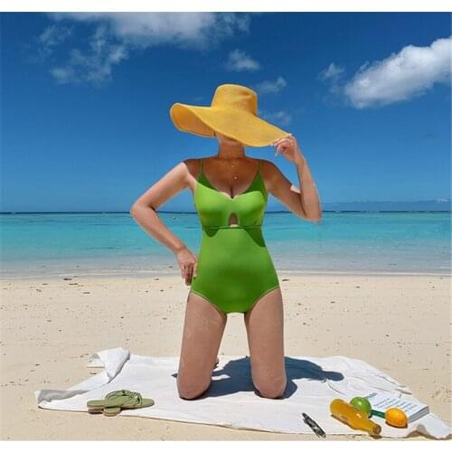 Korean Style One Piece Swimwear Women Green Swimwear Padded Swimsuit Bathing Suit sexy Monokini Beachwear 2021