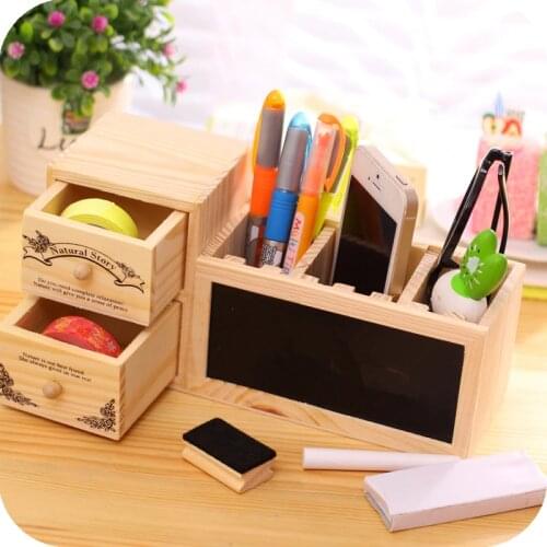 Wooden Pen Holder with Blackboard Cute Desktop Pencil Holder Kawaii Desk Tidy Organizer Pen Pot Creative Office Accessories