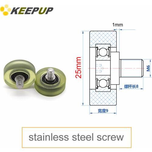 Diameter 25mm, M6 screw,PU polyurethane bearing with stainless steel screw rod,Rubber coated soft pulley/Roller,guide wheel