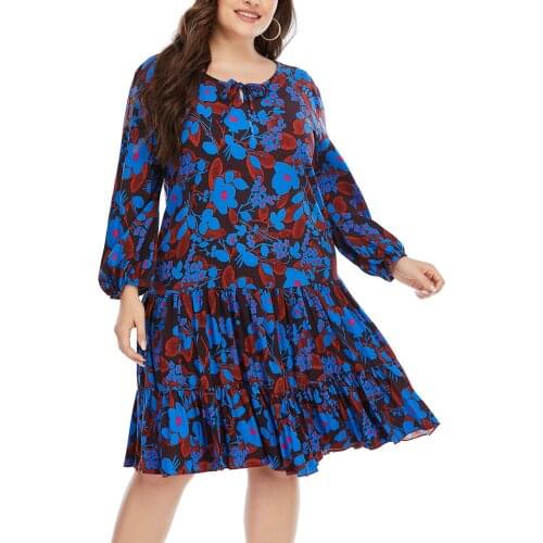 Womens Plus Size Long Sleeves Dress Loose Floral Ruffle Trim for Thick Arms XL-5XL HSJ88
