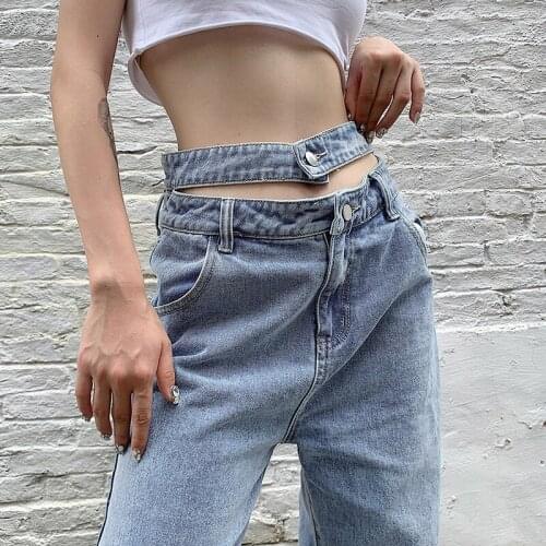 Sexy Hollow Out Double Waistband Straight Jeans Women Spring Fashion High Waist Wide Leg Jeans Female Casual Loose Denim Pants