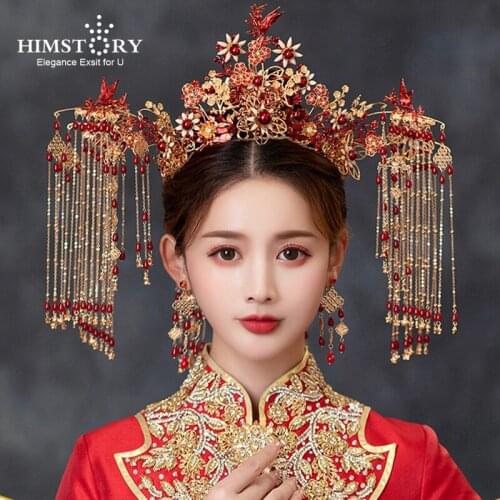 HIMSTORY Long Tassel Vintage Brides Hair Accessories Chinese Classical Wedding Headdress Jewelry Hairwear Jewelries