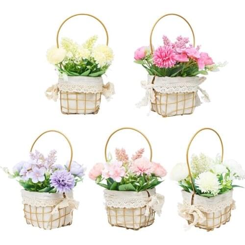 Wrought Iron Artificial Flower Basket Simulation Fake Flower Plant Wedding Home Decoration Ornament