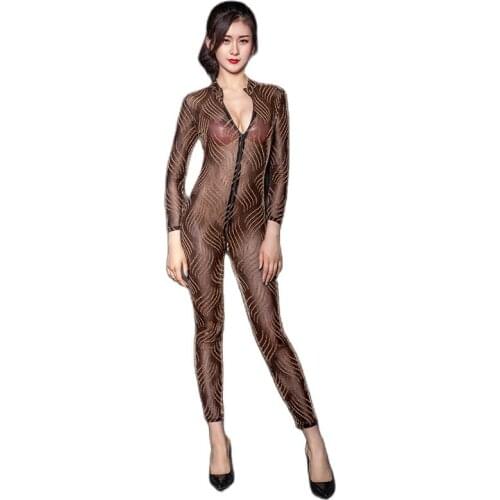 Scratch Print Zipper Open Crotch Bodysuit Transparent Bodycon Jumpsuit Tights Bodystocking Sexy Hot Erotic Lingerie Clubwear