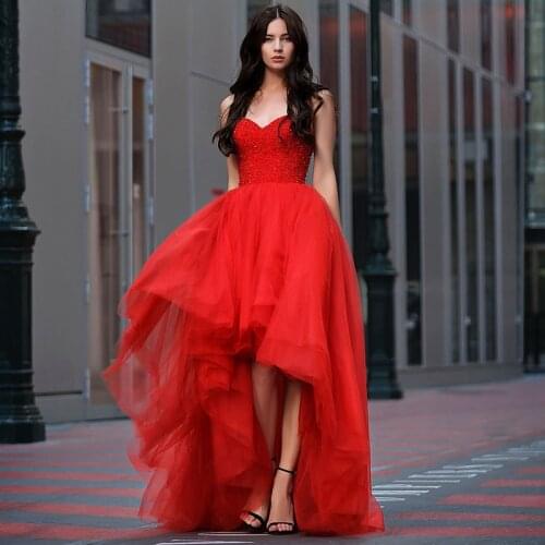 Short Front Long Back Red Prom Dresses 2021 Women Formal Party Vestidos De Gala Simple Sweetheart Beaded Tulle Red Evening Gowns