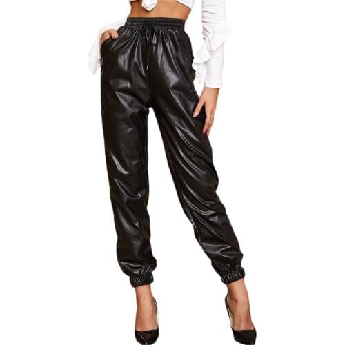 Women Joggers Trousers New Autumn Winter High Waist Drawstring PU Leather Ankle-tied Sweatpants with Slant Pocket Lady Bottoms