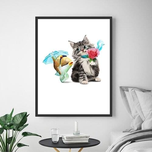 Nordic Cat Love Fish with Flower Funny Cartoon Pop Art Canvas Oil Painting Wall Pictures for Living Room Cuadros Decoration