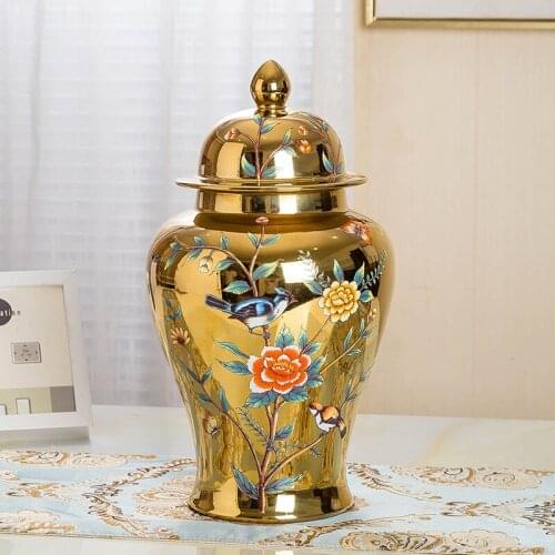 Modern Gold Ceramic Temple Jar European Luxury Ginger Jar Vases Living Room Decorative Floral Floor Vase Bird Flower Print Jingd