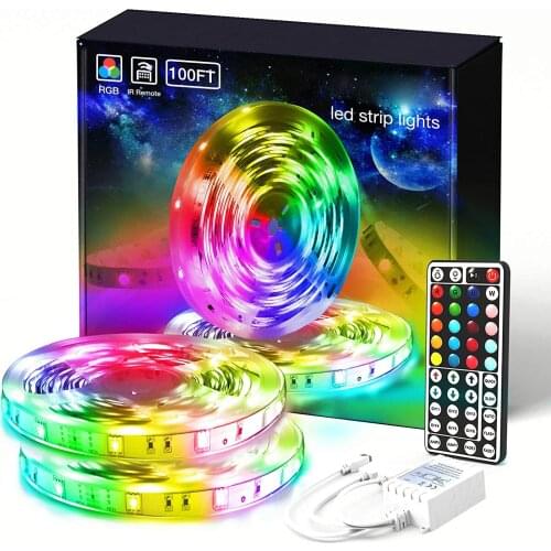 Remote Control Led Strip Lights 100ft Color Changing with 44Keys Remote Controller and 12V Power Supply for Bedroom