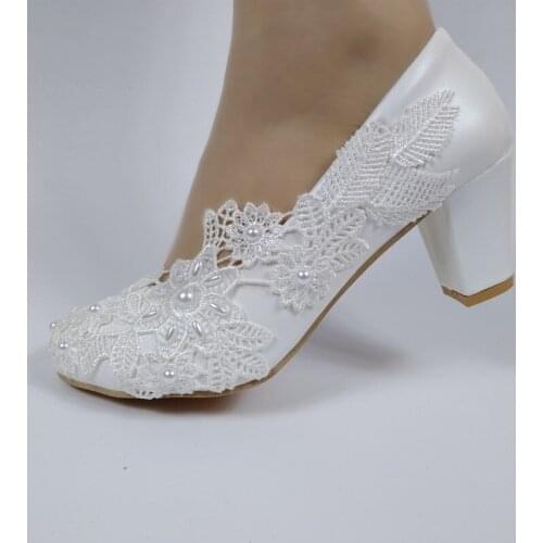 BaoYaFang White flower Thick Heel 7cm Shoes Woman High Heeled Pumps Ladies Wedding shoes Lace-Up sweet party Dress shoe