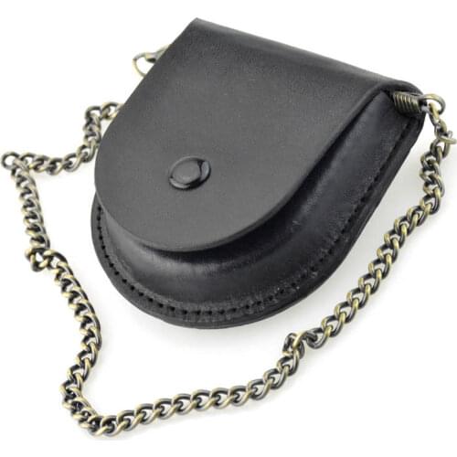 New Male Back Brown Cover Vintage Classic Pocket Watch Box Holder Storage Case Coin Purse Pouch Bag With Silver Bronze Chain