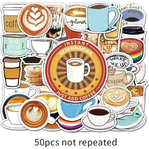 50pcs Coffee Theme Sticker Waterproof for Car Bumper Laptop Skateboard Surfboard Luggage Bicycle Kids Toy Boat Box Decals