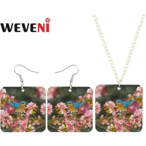 WEVENI Acrylic Square Robin Bird Jewelry Sets Flower Animal Necklace Earrings For Women Girls Lover Fashion Gifts Accessories