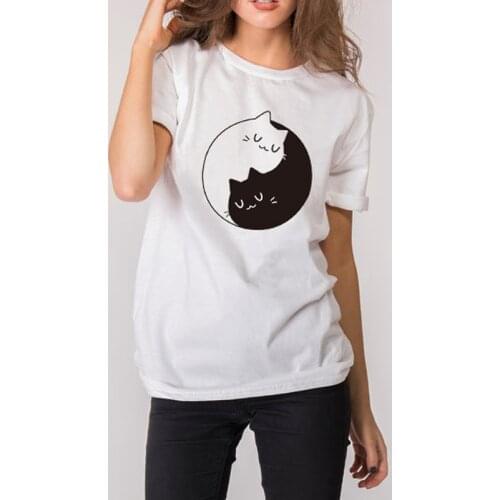 Women T Shirt White and Black Cats Tees Woman Summer Short Sleeve O-neck T-shirt Casual Fashion Tops