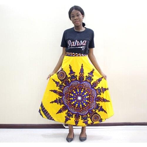 2019 Newest Arrivals Dashikiage Fashion African Dashiki Pattern Print Yellow Cotton Skirt Bohe Casual Dashiki Women Skirt
