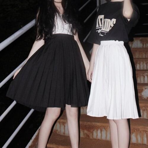 Harajuku Womens Summer Preppy Style Pleated Skirt A-line Mid-Calf Long Skirt Black & White