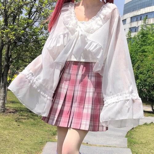 Jk Lolita Long-Sleeve Womens Shirt Japanese Soft Sweet Style V-Neck Top Summer Y2k Cute Flare Sleeve Original Blouse Female