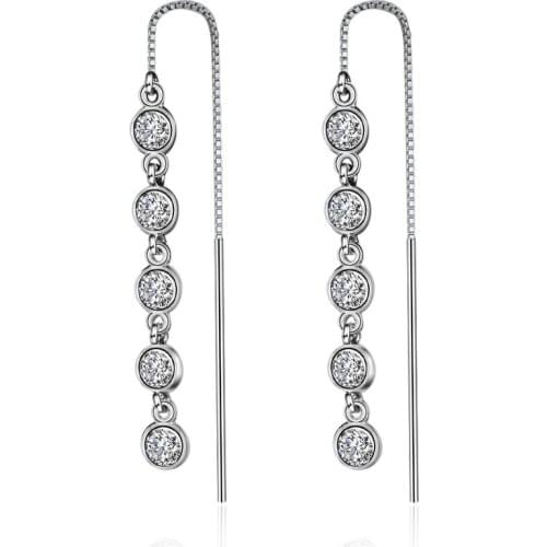 New Arrival 925 Sterling Silver Fashion Round Crystal Ladies`long Stud Earrings Jewelry Female Birthday Gift Wholesale No Fade