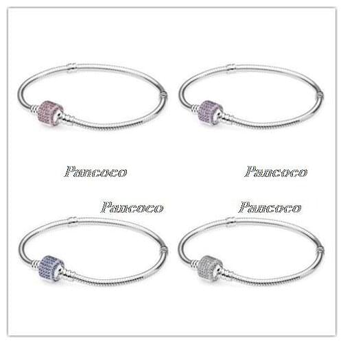 925 Sterling Silver Bracelet Signature Clasp Crystal Snake Chain Bangle Fit Women Bead Charm Diy Fashion Jewelry