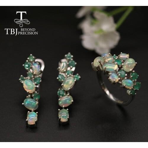 Tbj, 2021 New design fancy opal emerald jewelry set natural gemstone 925 sterling silver ring clasp earring women nice gift