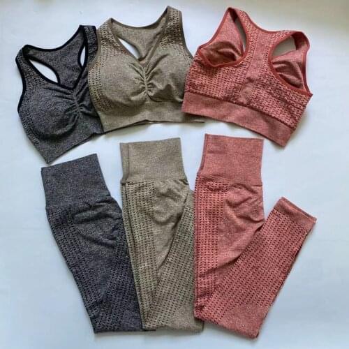 2PCS New Upgrade Vital Fitness Women Sport Suit Yoga Set Sportswear Clothing High Waist Seamless Leggings Gym Padded Push-Up Bra