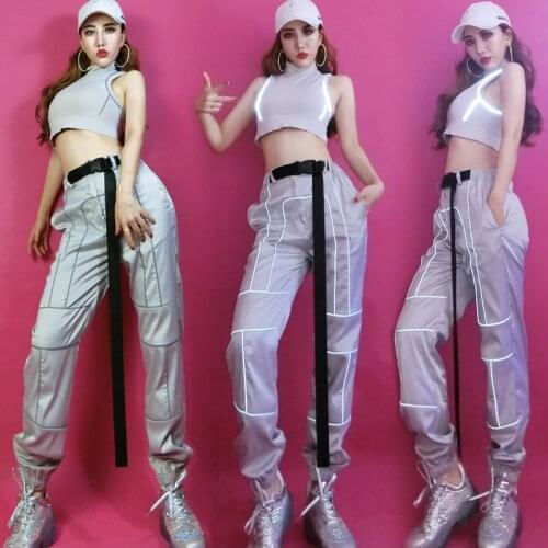 Adults Hip Hop Costumes Fashion Reflective Vest Pants Women Street Dance Clothing Jazz Performance Wear Modern Outfit DNV12160