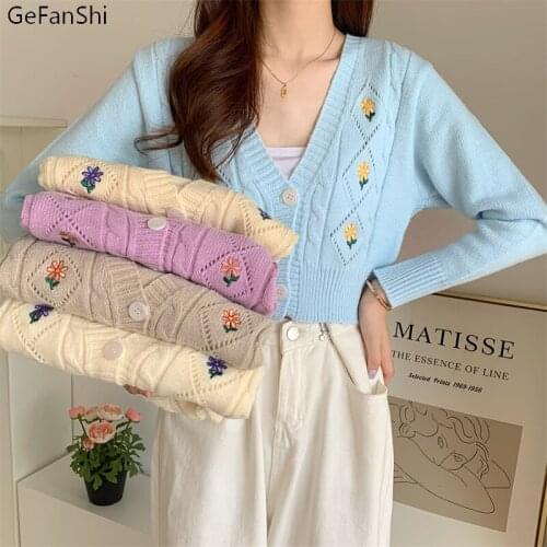 2021 Autumn Winter Sweater Cardigan Floral Button Female Woman Sweaters V-neck Elegant Office Lady Knitted Sexy Tops Short Coat