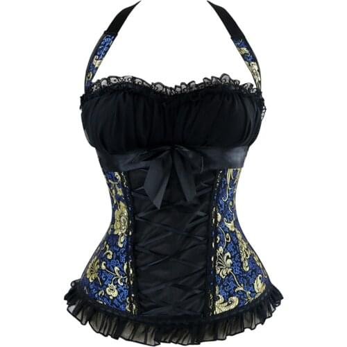Fashion Victorian Vintage Blue Halter Jacquard Boned Lace Up Waist Cincher Overbust Corset for Women bustier