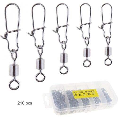 210Pcs/lot High-Quality Mixture Stainless Steel Fishing Swivel Snap Ball Bearing Lock Rolling Swivel Connector with Box and Pin
