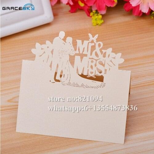 50pcs free shipping New Mr Mrs Husband and wife laser cut paper Name Place Wedding invitation Table Cards for Party home Decor