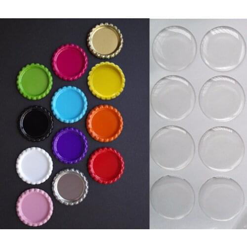 Promotion 1200Pcs 1'' 25.4mm Both Side Colored Flattened Bottle Caps With 1200 Pcs Clear Epoxy Stickers Seal Stickers Domes