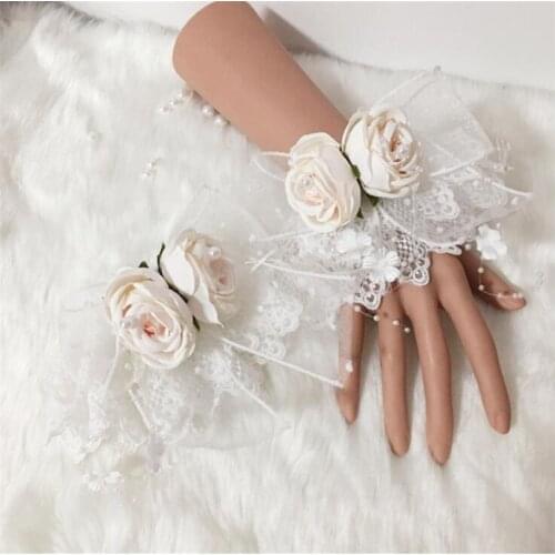 White Flower Wedding Lolita Hand Wrist Cuffs Bow Lace Maid Gloves Cosplay Girl Party Hand Sleeves D770
