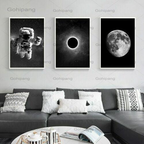 Black and White Astronauts Painting Art Moon Canvas Painting Prints Nordic Home Art Hanging Painting Living Room Decor