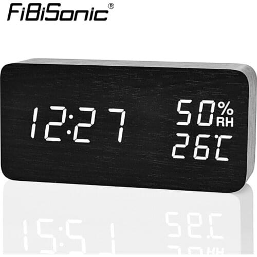 FiBiSonic Modern Digital LED Alarm Clock Sound Control Wooden Despertador Desktop Clock Humidity Temperature Display