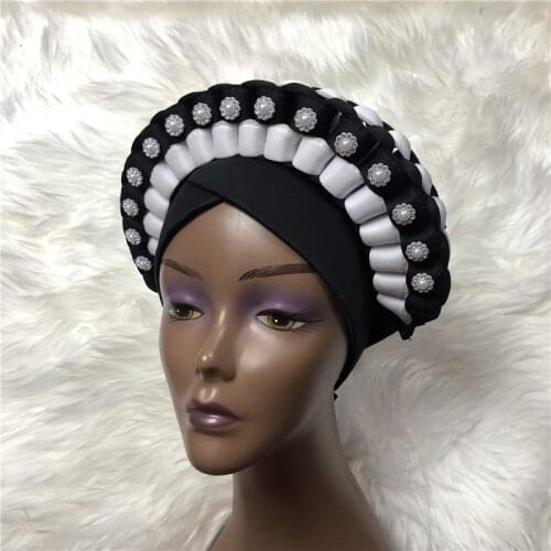 African design 2021 auto gele headtie double colorsturban with beads Women Cap For African Hats Nigerian Turban Gele best sell