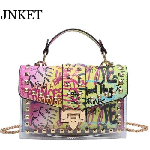 JNKET New Women Rivet Graffiti PU Leather Chain Shoulder Bag Casual Crossbody Bag Ladies Sling Bag