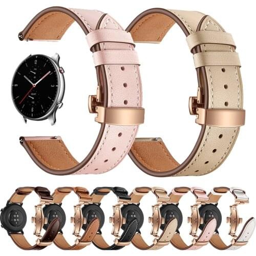 Butterfly Buckle Leather Strap For Xiaomi Huami Amazfit GTR 2 GTS 2 47mm 42mm Belt Bracelet Amazfit Stratos 3 Bip S 20/22mm Band