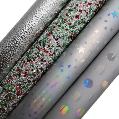 Red Green Silver Glitter leather, Litchi Faux Leather Sheets, Iridescent Stars Dots Synthetic Leather For Earrings 21x29CM KM615