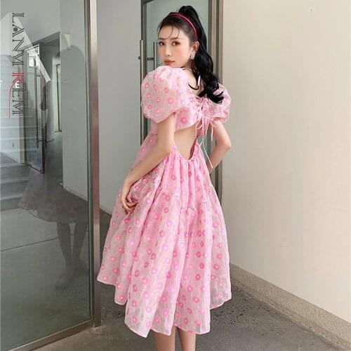 LANMREM Summer Pink Dress For Women 2021 Female Daisy Embroidery Square Neck Puff Sleeve Backless Dresses 2D3793