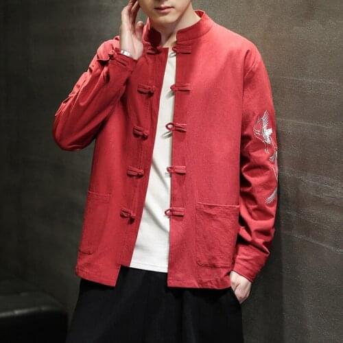 Chinese Style Hanfu Men Tops Tang Suit Kung Fu Clothes Jackets Cotton Linen Embroider Oriental Japanese Streetwear Jackets 30483
