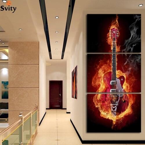 Music Art 3 Panel Wall Painting Modern Home Decors Black Burning Guitar Pop Art Pictures Decoration On Canvas Painting Printed