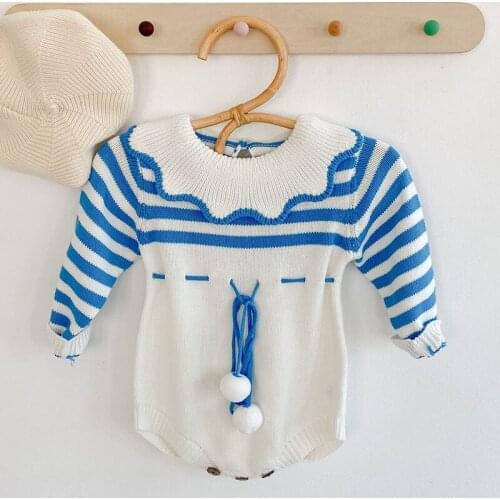 New 2020 Spring Autumn Kids Girl Lotus Leaf Collar Long Sleeve Rompers Clothes Infant Baby Girls Knit Stripe Rompers Clothing