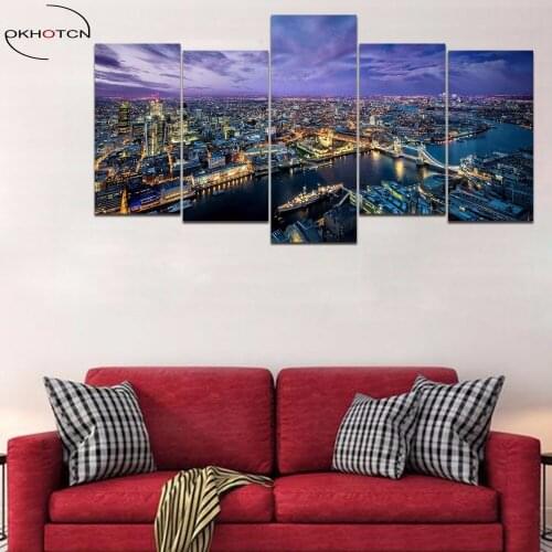 OKHOTCN Framed London Night View London Bridge 5 Piece Wall Painting Art Picture Paint on Canvas Home Decor for Living Room