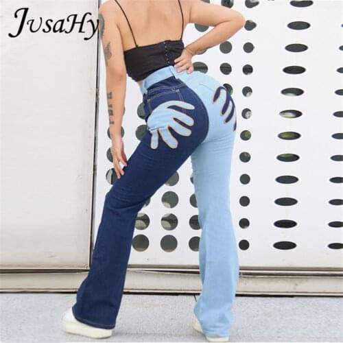 JuSaHy Y2K Autumn Patchwork Cotton Demin Straight Pants for Women Fashion High Waist Plam Print Slim Trousers Casual Streetwear