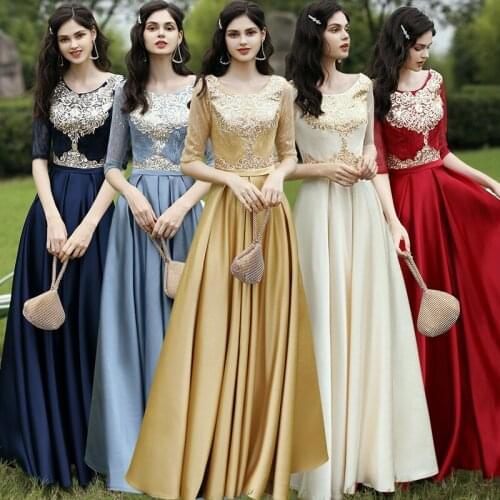 Bridesmaids Dresses Vintage Half O-Neck Embroidery Lace Up Jersey Luxury Champagne A-Line Women Elegant Wedding Party Gown E710