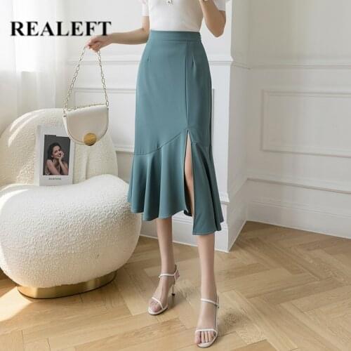 REALEFT 2021 New Summer Womens Midi Skirts Fashion Korean Style High Waist Solid Color Side Split Ruffle Fishtail Ladies Skirt