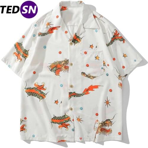 Dragon Print Hip Hop Shirt Men Streetwear Harajuku Short Sleeve 2021 Summer Hawaiian Beach Casual Tops Cotton Shirt