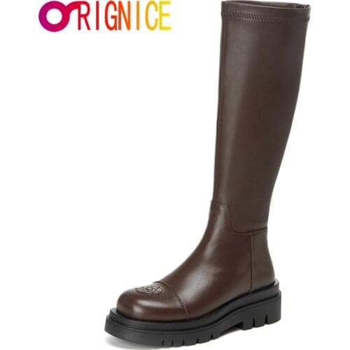 Orignice 2021 Riding Knee High Boots Women Top Quality Leather Platform Flat Round Toe Sewing Shoes Black Brown Big Size 34-43
