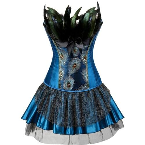 Plus Size S-6XL Sexy Womens Overbust Peacock Embroidery Corset with Skirt Burlesque Bustier Dresses Costume Clubwear New