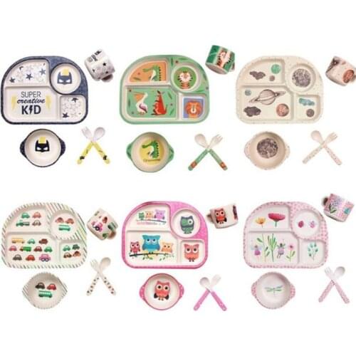 Baby Feeding Bowl Plate Dishes Fork Spoon Cup 5Pcs/Set Children Tableware Bamboo Fiber Kids Cartoon Separation Feeding Plate